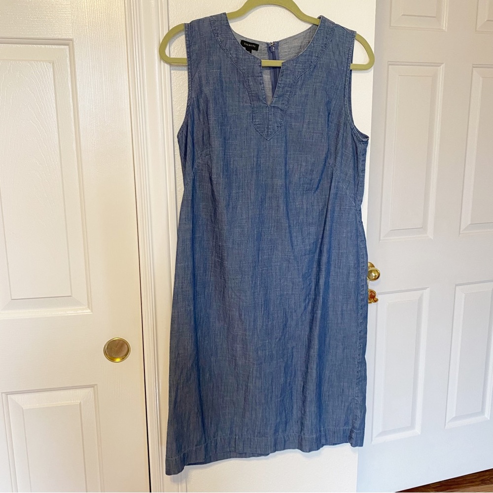 Talbots 10 Chambray Blue Mini Shift Dress Zipper Back Tunic Neck